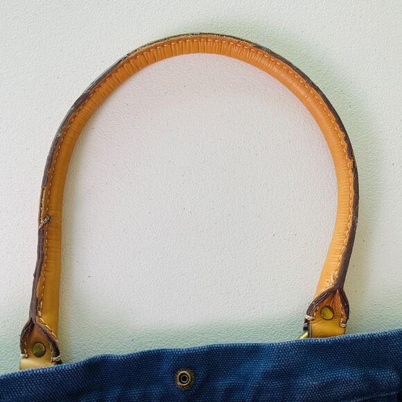 J Crew Blue Canvas Brown Leather Trim Large Shoulder Bag Carryall Tote Bag Beach - Picture 5 of 8